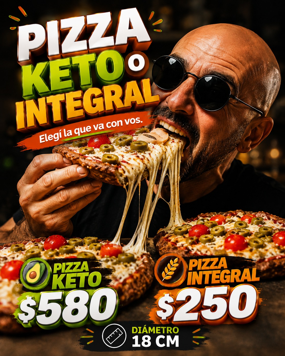 Pizza Keto a 580 pesos y pizza integral a 250 pesos, ambas de 18 centímetros
